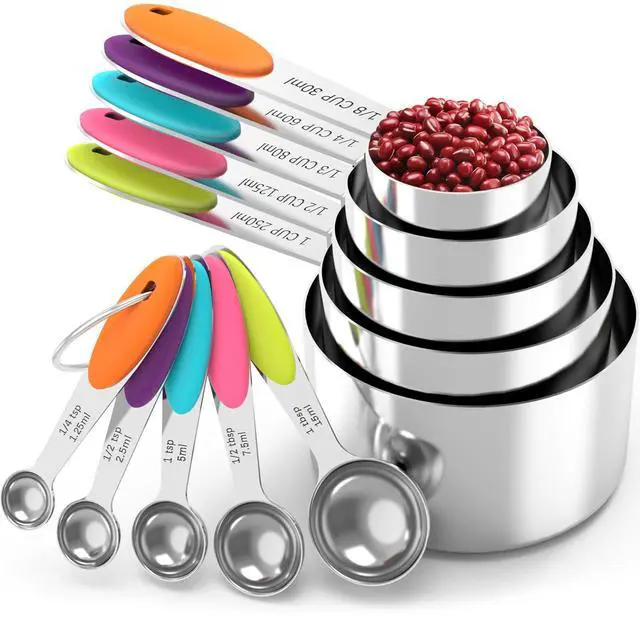 Main image of Nesting Measuring Cups and Spoons Set, Stainless Steel with Soft Silicone Handle Heavy Duty & Dishwasher Safe for Measuring Dry/Liquid Ingredients, Ideal for Cooking & Baking (10)