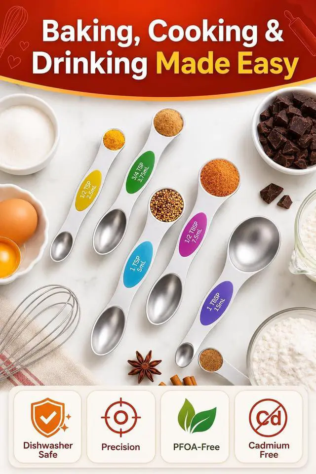 Alt view image 2 of 7 - Premium Magnetic Measuring Spoons Set|Strong N52 Magnets|Heavy Duty Stainless Steel|Dual-Sided for Spice Jar & Liquid Measuring|Dishwasher Safe|7 Spoons with Leveler for Baking & Cooking (Colorful)