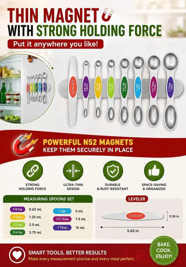 Alt view image 3 of 7 - Premium Magnetic Measuring Spoons Set|Strong N52 Magnets|Heavy Duty Stainless Steel|Dual-Sided for Spice Jar & Liquid Measuring|Dishwasher Safe|7 Spoons with Leveler for Baking & Cooking (Colorful)