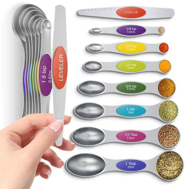 Main image of Premium Magnetic Measuring Spoons Set|Strong N52 Magnets|Heavy Duty Stainless Steel|Dual-Sided for Spice Jar & Liquid Measuring|Dishwasher Safe|7 Spoons with Leveler for Baking & Cooking (Colorful)