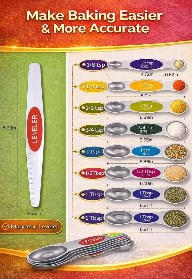 Alt view image 7 of 7 - Premium Magnetic Measuring Spoons Set|Strong N52 Magnets|Heavy Duty Stainless Steel|Dual-Sided for Spice Jar & Liquid Measuring|Dishwasher Safe|7 Spoons with Leveler for Baking & Cooking (Colorful)