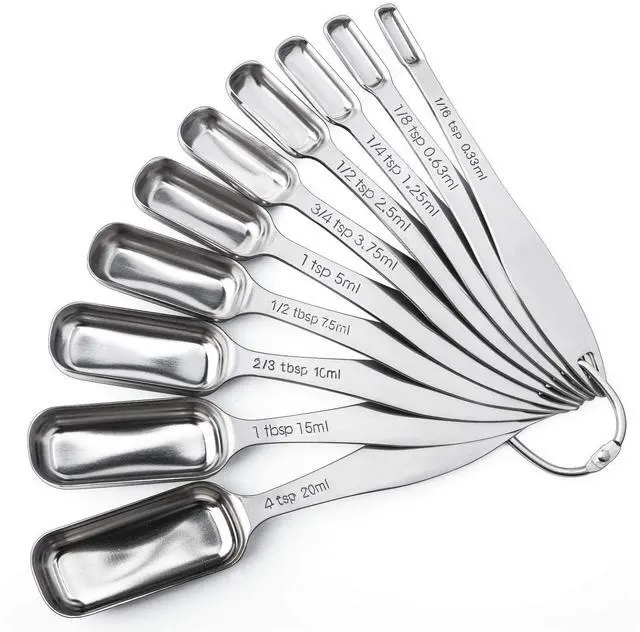 Main image of Narrow Measuring Spoons Set of 10, Heavy-Duty Stainless Steel Measuring Spoons with Long Handles & Engraved Measurements, Fits in Spice Jars, for Baking & Cooking