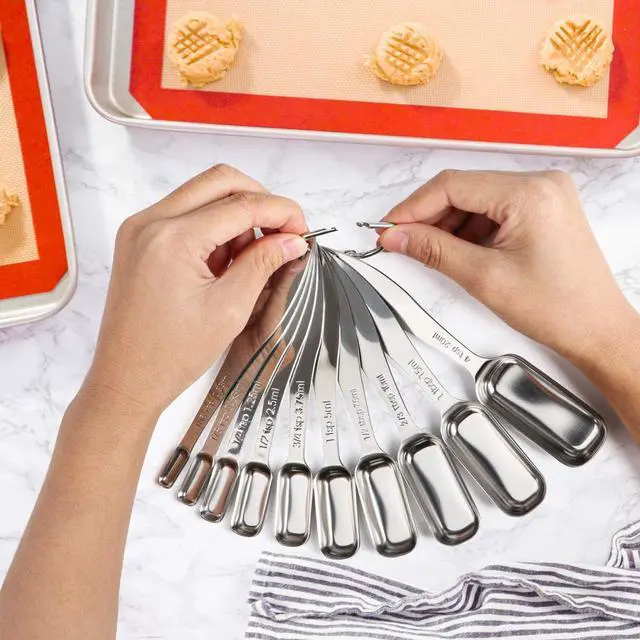 Alt view image 4 of 7 - Narrow Measuring Spoons Set of 10, Heavy-Duty Stainless Steel Measuring Spoons with Long Handles & Engraved Measurements, Fits in Spice Jars, for Baking & Cooking