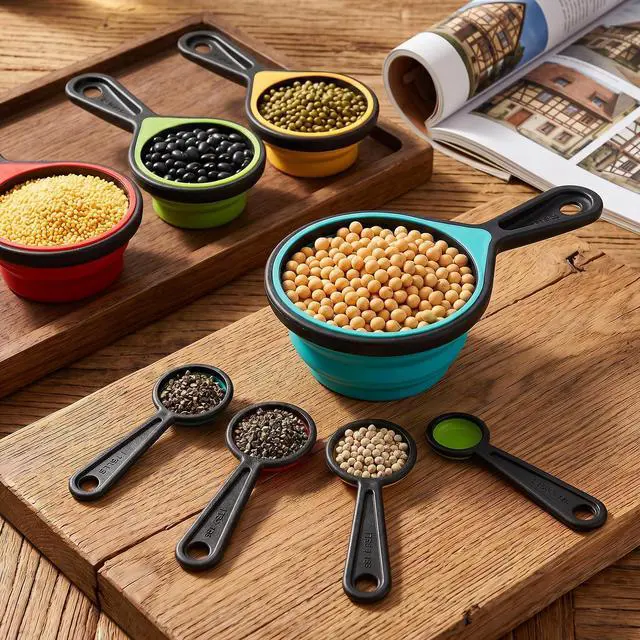 Alt view image 4 of 7 - 8PCS Adjustable Measuring Cup Silicone Measuring Spoons Set Folding Space Saving Design Kitchen Tools for Baking Cooking Multicolor