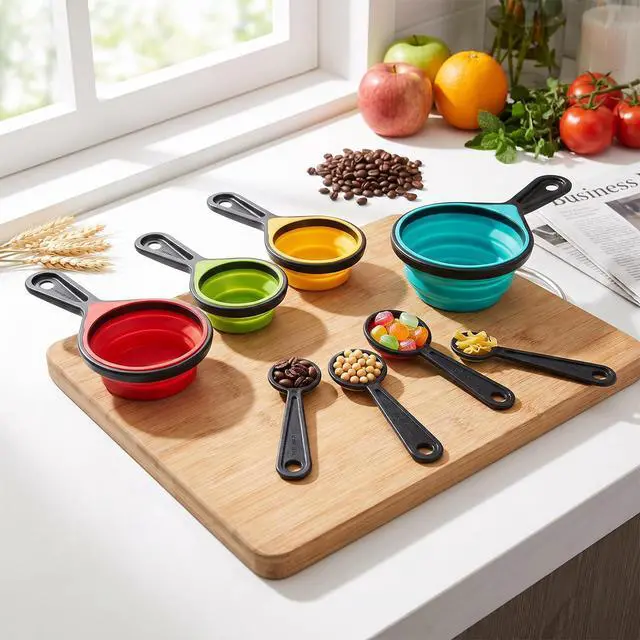Alt view image 6 of 7 - 8PCS Adjustable Measuring Cup Silicone Measuring Spoons Set Folding Space Saving Design Kitchen Tools for Baking Cooking Multicolor