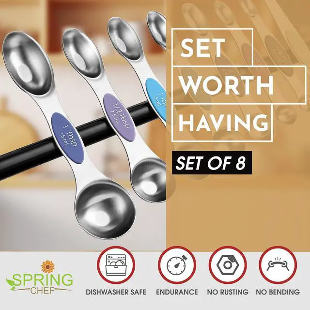 Alt view image 2 of 7 - Stainless Steel Magnetic Measuring Spoons Set of 8 with Leveler, Dual Sided Metal Teaspoon & Tablespoon Measuring Spoons, Nesting Kitchen Gadgets for Baking & Cooking - Winter Frost