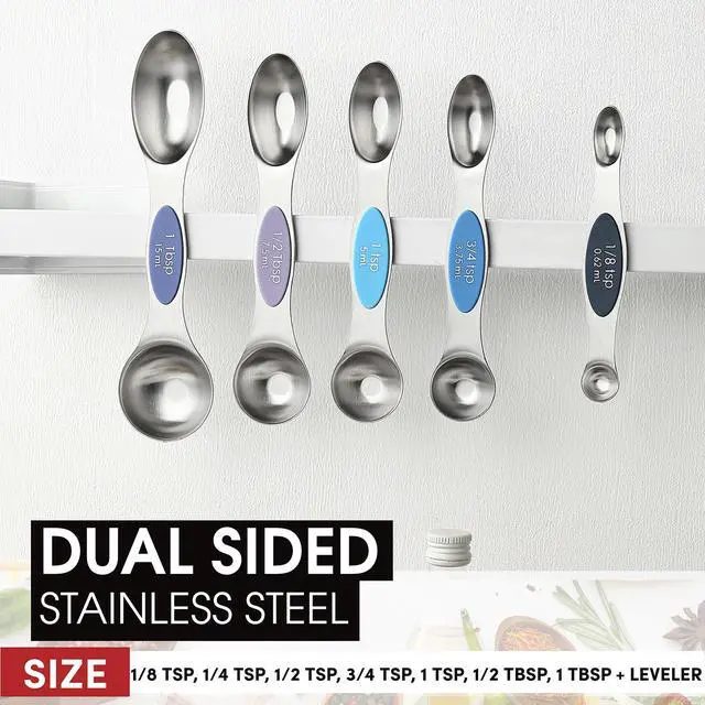 Alt view image 3 of 7 - Stainless Steel Magnetic Measuring Spoons Set of 8 with Leveler, Dual Sided Metal Teaspoon & Tablespoon Measuring Spoons, Nesting Kitchen Gadgets for Baking & Cooking - Winter Frost