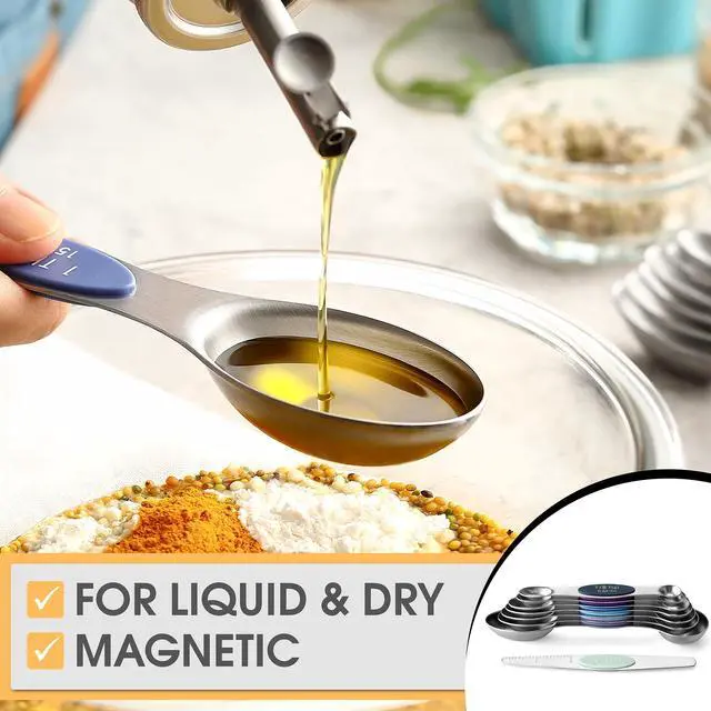 Alt view image 4 of 7 - Stainless Steel Magnetic Measuring Spoons Set of 8 with Leveler, Dual Sided Metal Teaspoon & Tablespoon Measuring Spoons, Nesting Kitchen Gadgets for Baking & Cooking - Winter Frost