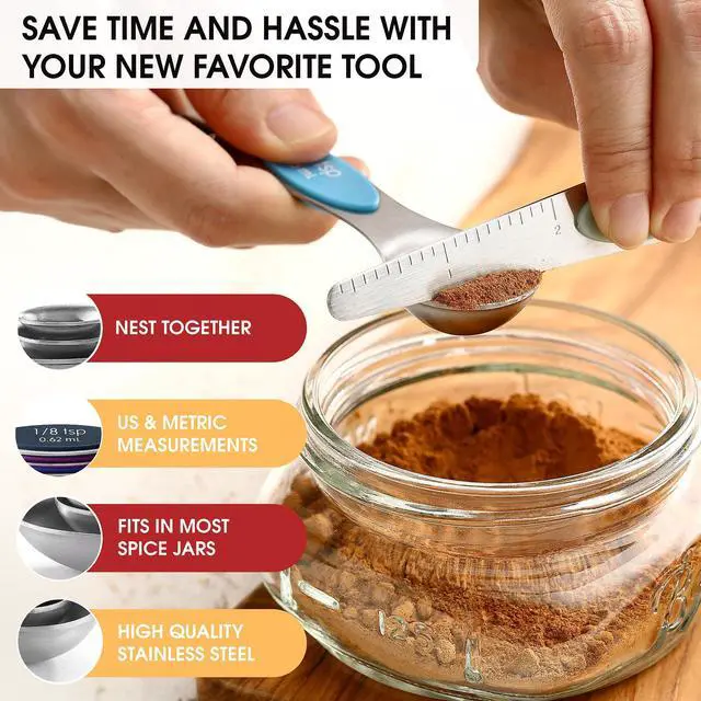 Alt view image 6 of 7 - Stainless Steel Magnetic Measuring Spoons Set of 8 with Leveler, Dual Sided Metal Teaspoon & Tablespoon Measuring Spoons, Nesting Kitchen Gadgets for Baking & Cooking - Winter Frost