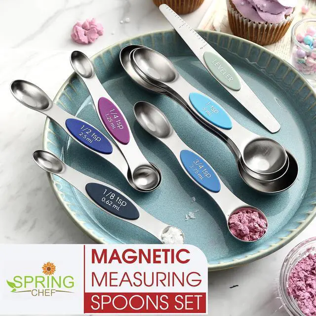 Alt view image 7 of 7 - Stainless Steel Magnetic Measuring Spoons Set of 8 with Leveler, Dual Sided Metal Teaspoon & Tablespoon Measuring Spoons, Nesting Kitchen Gadgets for Baking & Cooking - Winter Frost