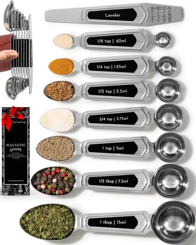 Main image of Stainless Steel Magnetic Measuring Spoons Set - 8-Piece Heavy Duty Metal, BPA-free, Stackable, Double Sided Measuring Spoons with Leveler for Dry and Liquid Ingredient - Fits in Spice Jars
