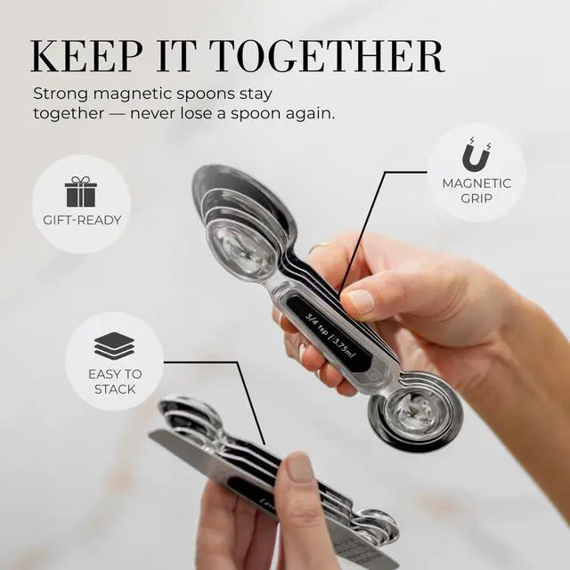 Alt view image 2 of 7 - Stainless Steel Magnetic Measuring Spoons Set - 8-Piece Heavy Duty Metal, BPA-free, Stackable, Double Sided Measuring Spoons with Leveler for Dry and Liquid Ingredient - Fits in Spice Jars