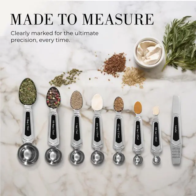 Alt view image 3 of 7 - Stainless Steel Magnetic Measuring Spoons Set - 8-Piece Heavy Duty Metal, BPA-free, Stackable, Double Sided Measuring Spoons with Leveler for Dry and Liquid Ingredient - Fits in Spice Jars