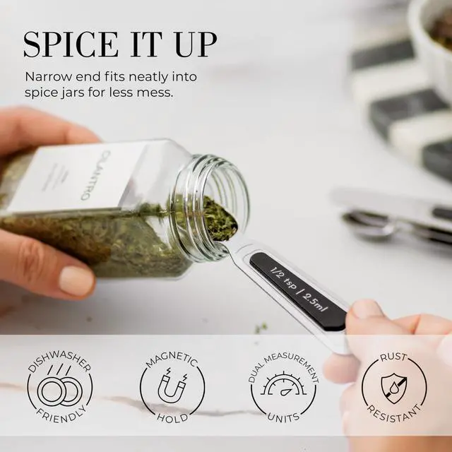 Alt view image 4 of 7 - Stainless Steel Magnetic Measuring Spoons Set - 8-Piece Heavy Duty Metal, BPA-free, Stackable, Double Sided Measuring Spoons with Leveler for Dry and Liquid Ingredient - Fits in Spice Jars