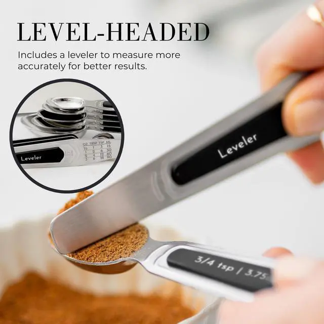 Alt view image 7 of 7 - Stainless Steel Magnetic Measuring Spoons Set - 8-Piece Heavy Duty Metal, BPA-free, Stackable, Double Sided Measuring Spoons with Leveler for Dry and Liquid Ingredient - Fits in Spice Jars
