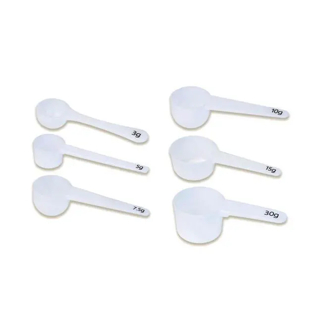 Alt view image 2 of 7 - Measure spoons | measuring spoons set of 6 | exact dosing 3 gram scoop, 5 gram scoop, 7,5g, 10g, 15g, 30g | kitchen measuring set for powder and liquids | plastic medicine spoon and cups