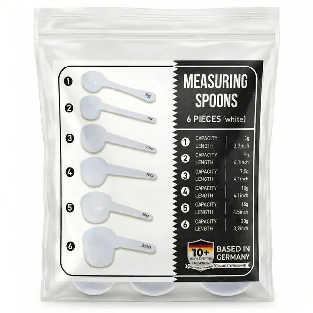 Main image of Measure spoons | measuring spoons set of 6 | exact dosing 3 gram scoop, 5 gram scoop, 7,5g, 10g, 15g, 30g | kitchen measuring set for powder and liquids | plastic medicine spoon and cups
