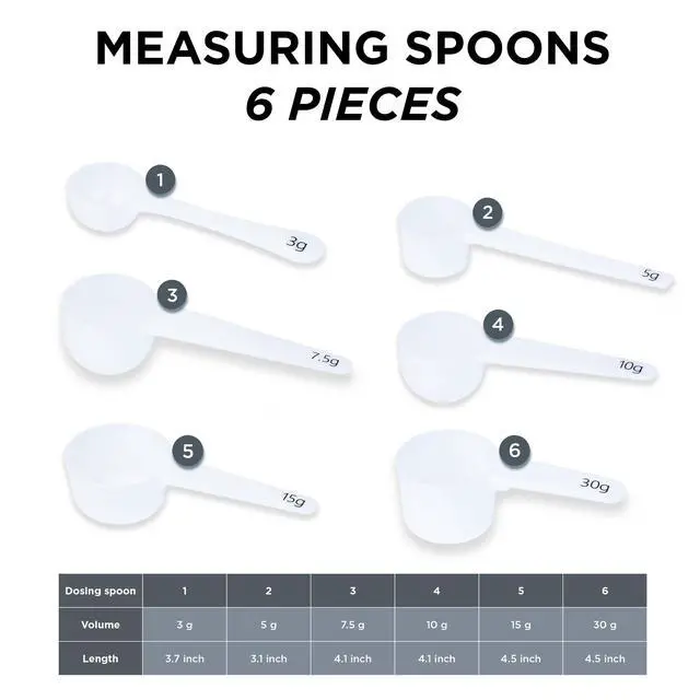 Alt view image 3 of 7 - Measure spoons | measuring spoons set of 6 | exact dosing 3 gram scoop, 5 gram scoop, 7,5g, 10g, 15g, 30g | kitchen measuring set for powder and liquids | plastic medicine spoon and cups