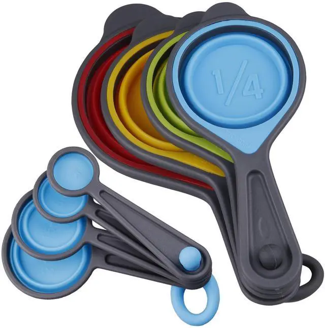 Main image of Measuring Cups and Spoons set, Collapsible Measuring Cups, 8 pieces Measuring Cups&Spoons Set, Engraved Metric & US Markings for Liquid&Dry Measuring, Space Saving, BPA Free Colorful Silicone