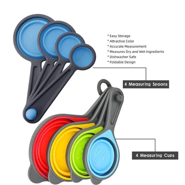 Alt view image 2 of 5 - Measuring Cups and Spoons set, Collapsible Measuring Cups, 8 pieces Measuring Cups&Spoons Set, Engraved Metric & US Markings for Liquid&Dry Measuring, Space Saving, BPA Free Colorful Silicone