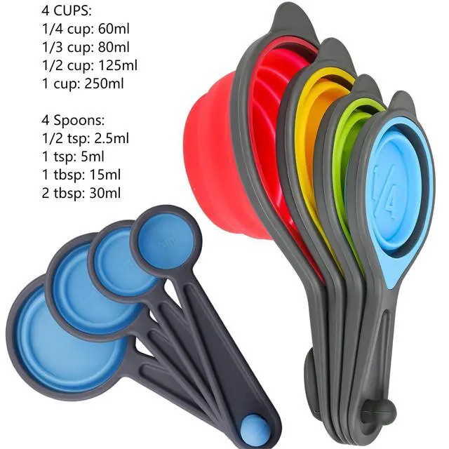 Alt view image 3 of 5 - Measuring Cups and Spoons set, Collapsible Measuring Cups, 8 pieces Measuring Cups&Spoons Set, Engraved Metric & US Markings for Liquid&Dry Measuring, Space Saving, BPA Free Colorful Silicone