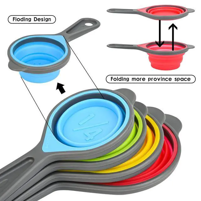 Alt view image 4 of 5 - Measuring Cups and Spoons set, Collapsible Measuring Cups, 8 pieces Measuring Cups&Spoons Set, Engraved Metric & US Markings for Liquid&Dry Measuring, Space Saving, BPA Free Colorful Silicone