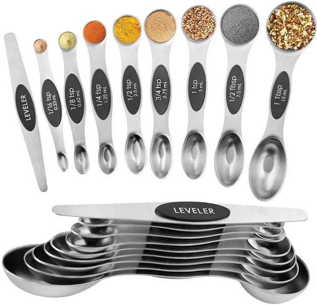 Main image of Magnetic Measuring Spoons Set Stainless Steel with Leveler, Dual-Sided Metal Measuring Spoons for Baking & Cooking, Fits in Spice Jars, Must-have Kitchen Gadgets, 8 Measuring Spoons & 1 Leveler, Black