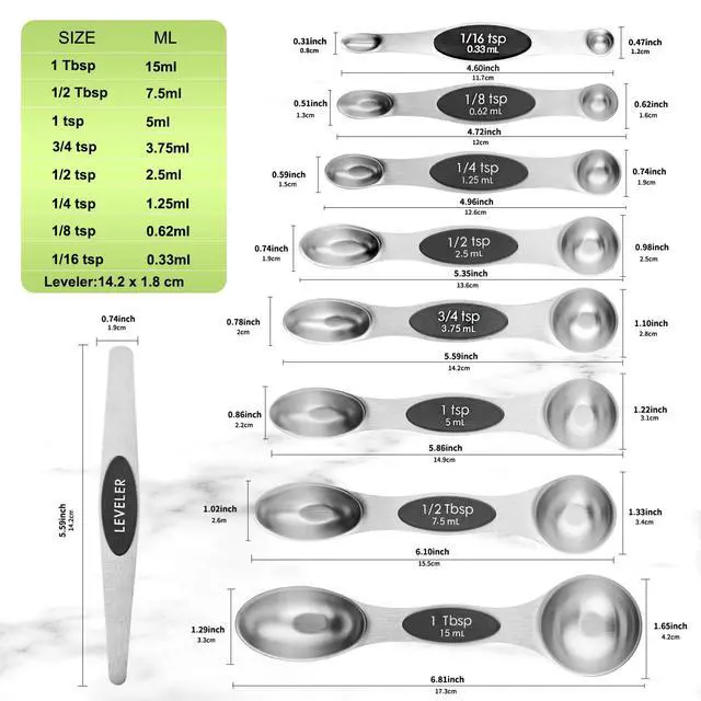 Alt view image 2 of 7 - Magnetic Measuring Spoons Set Stainless Steel with Leveler, Dual-Sided Metal Measuring Spoons for Baking & Cooking, Fits in Spice Jars, Must-have Kitchen Gadgets, 8 Measuring Spoons & 1 Leveler, Black