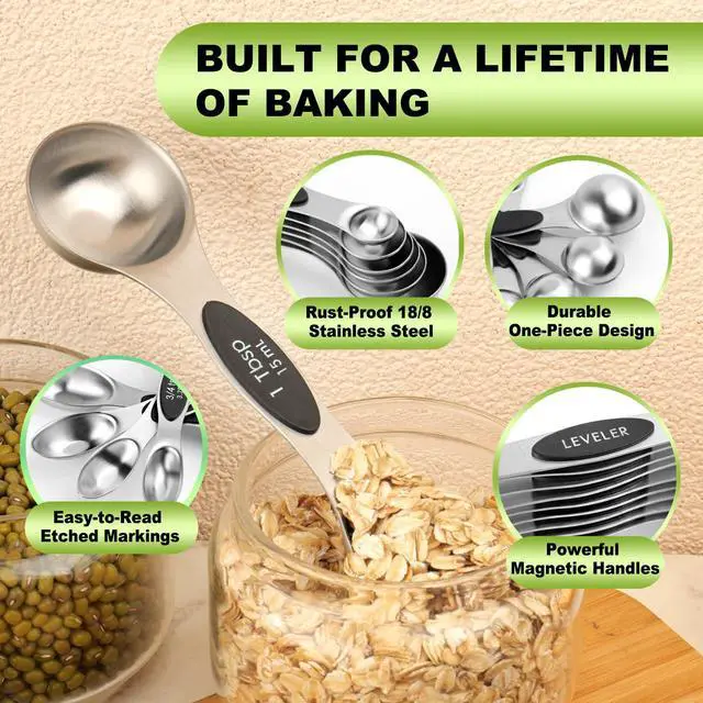 Alt view image 3 of 7 - Magnetic Measuring Spoons Set Stainless Steel with Leveler, Dual-Sided Metal Measuring Spoons for Baking & Cooking, Fits in Spice Jars, Must-have Kitchen Gadgets, 8 Measuring Spoons & 1 Leveler, Black