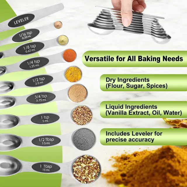 Alt view image 4 of 7 - Magnetic Measuring Spoons Set Stainless Steel with Leveler, Dual-Sided Metal Measuring Spoons for Baking & Cooking, Fits in Spice Jars, Must-have Kitchen Gadgets, 8 Measuring Spoons & 1 Leveler, Black
