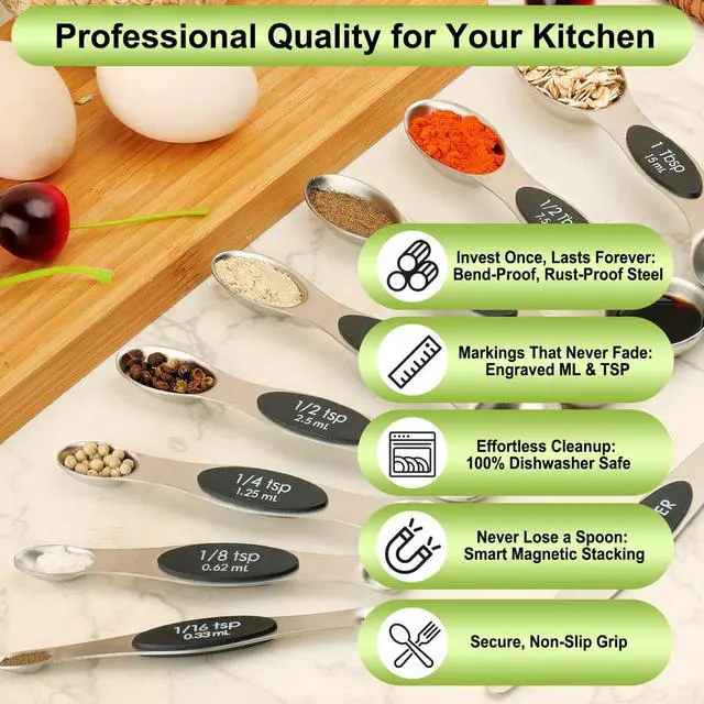 Alt view image 5 of 7 - Magnetic Measuring Spoons Set Stainless Steel with Leveler, Dual-Sided Metal Measuring Spoons for Baking & Cooking, Fits in Spice Jars, Must-have Kitchen Gadgets, 8 Measuring Spoons & 1 Leveler, Black