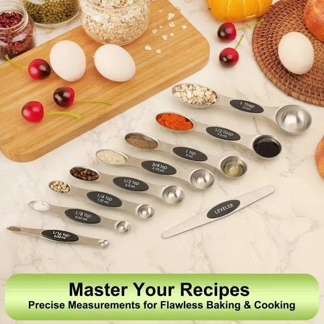 Alt view image 6 of 7 - Magnetic Measuring Spoons Set Stainless Steel with Leveler, Dual-Sided Metal Measuring Spoons for Baking & Cooking, Fits in Spice Jars, Must-have Kitchen Gadgets, 8 Measuring Spoons & 1 Leveler, Black