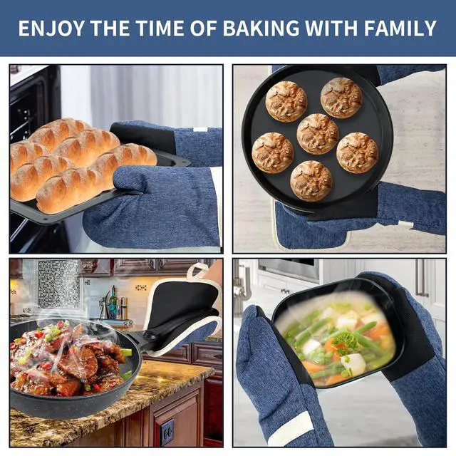 Alt view image 2 of 7 - Oven Mitts and PotHolders Sets, 4 Pcs Kitchen Oven Glove High Heat Resistant 400°F Pot Holders for Kitchen, Non-Slip Neoprene Oven Mitts are Suitable for Cooking, Baking (Blue)