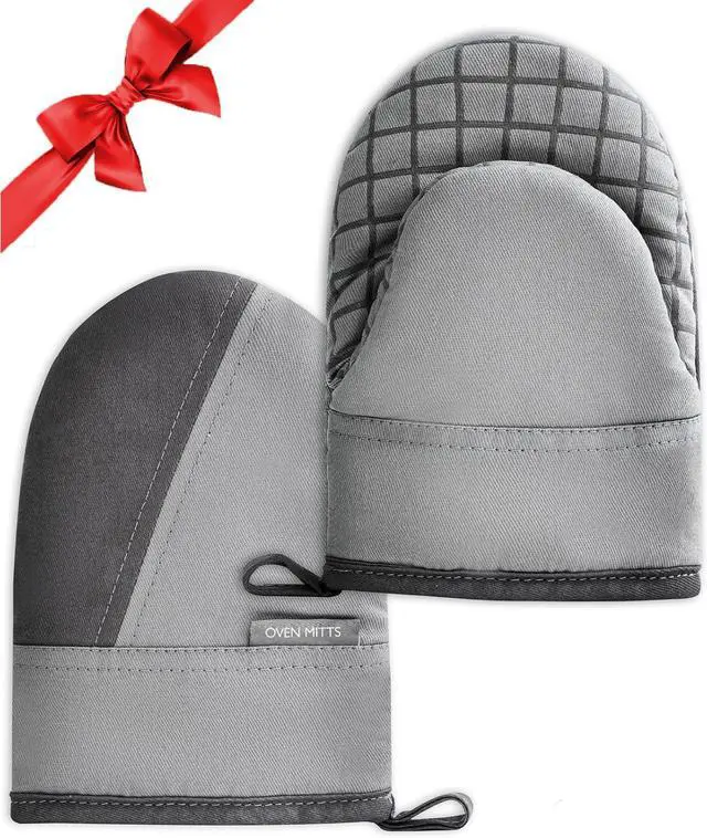 Main image of Mini Oven Mitts, Kitchen Oven Gloves Kitchen Mittens 500 Degrees Heat Resistant Baking Gloves, Non-Slip Silicone Surface with Hanging Loops Hot Gloves for Cooking, Baking, BBQ 1 Pair-Gray