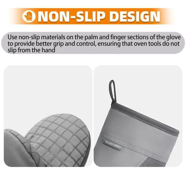 Alt view image 3 of 7 - Mini Oven Mitts, Kitchen Oven Gloves Kitchen Mittens 500 Degrees Heat Resistant Baking Gloves, Non-Slip Silicone Surface with Hanging Loops Hot Gloves for Cooking, Baking, BBQ 1 Pair-Gray
