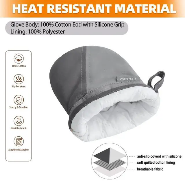Alt view image 4 of 7 - Mini Oven Mitts, Kitchen Oven Gloves Kitchen Mittens 500 Degrees Heat Resistant Baking Gloves, Non-Slip Silicone Surface with Hanging Loops Hot Gloves for Cooking, Baking, BBQ 1 Pair-Gray