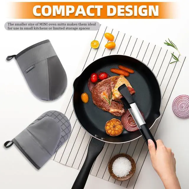 Alt view image 5 of 7 - Mini Oven Mitts, Kitchen Oven Gloves Kitchen Mittens 500 Degrees Heat Resistant Baking Gloves, Non-Slip Silicone Surface with Hanging Loops Hot Gloves for Cooking, Baking, BBQ 1 Pair-Gray