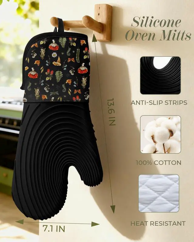 Alt view image 2 of 6 - Long Silicone Oven Mitts Heat Resistant for Women - 2 Pcs Black Mushroom 100% Cotton Oven Gloves, Non-Slip and Waterproof Silicone Oven Mitts with Hanger for Baking and Cooking