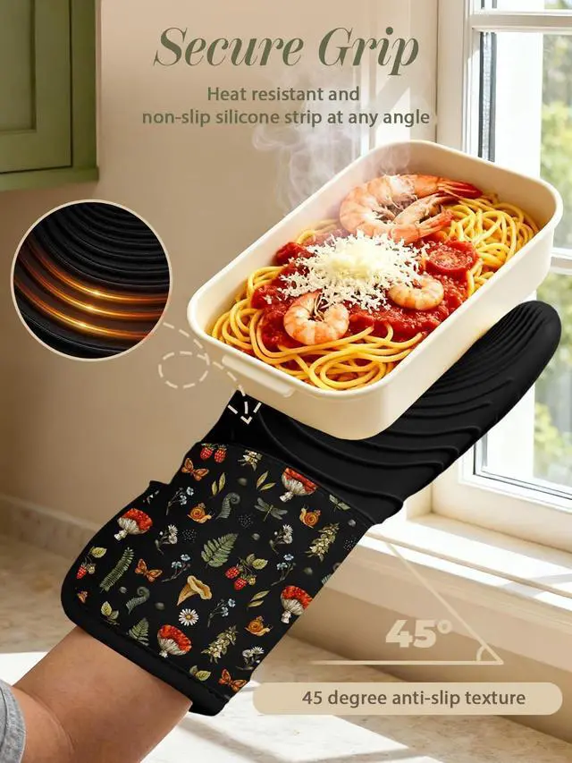 Alt view image 3 of 6 - Long Silicone Oven Mitts Heat Resistant for Women - 2 Pcs Black Mushroom 100% Cotton Oven Gloves, Non-Slip and Waterproof Silicone Oven Mitts with Hanger for Baking and Cooking