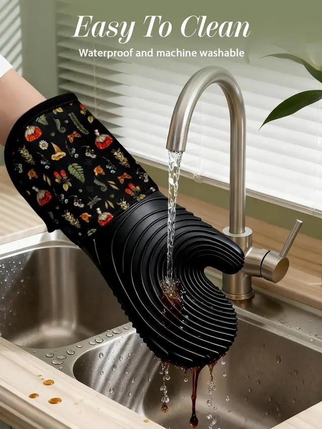 Alt view image 4 of 6 - Long Silicone Oven Mitts Heat Resistant for Women - 2 Pcs Black Mushroom 100% Cotton Oven Gloves, Non-Slip and Waterproof Silicone Oven Mitts with Hanger for Baking and Cooking