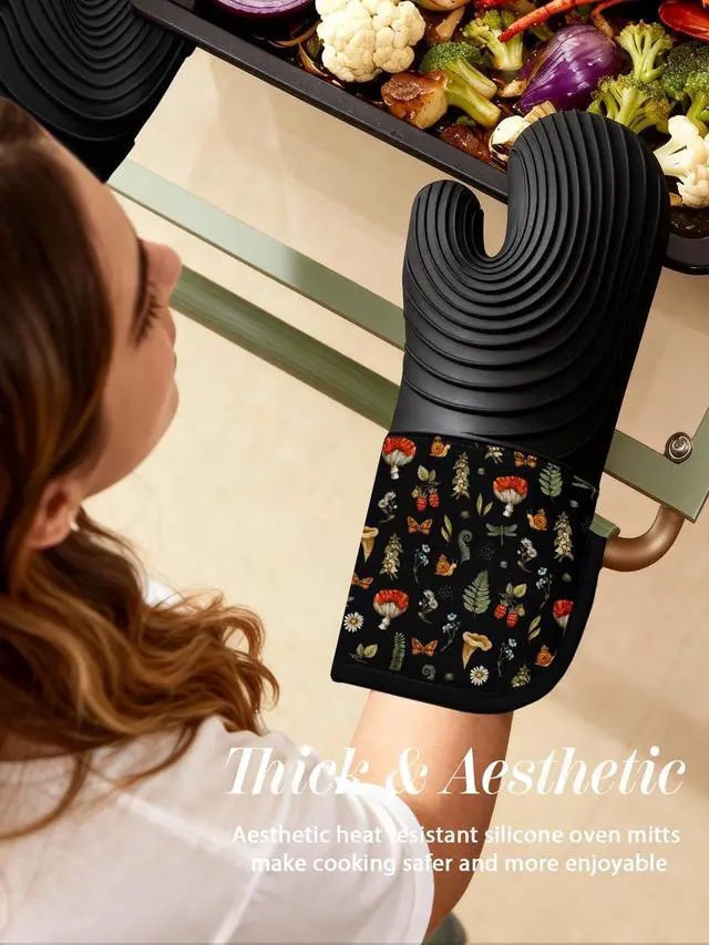 Alt view image 5 of 6 - Long Silicone Oven Mitts Heat Resistant for Women - 2 Pcs Black Mushroom 100% Cotton Oven Gloves, Non-Slip and Waterproof Silicone Oven Mitts with Hanger for Baking and Cooking
