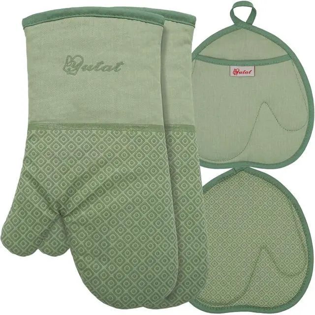 Main image of Silicone Oven Mitts - Oven Mitts and Pot Holders Sets Made of Non-Slip & BPA-Free Silicone, High Heat Resistant 500 Degrees, Perfect for Kitchen Cooking Baking BBQ, 4Pcs Set, Peak Green