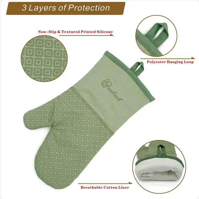 Alt view image 3 of 3 - Silicone Oven Mitts - Oven Mitts and Pot Holders Sets Made of Non-Slip & BPA-Free Silicone, High Heat Resistant 500 Degrees, Perfect for Kitchen Cooking Baking BBQ, 4Pcs Set, Peak Green