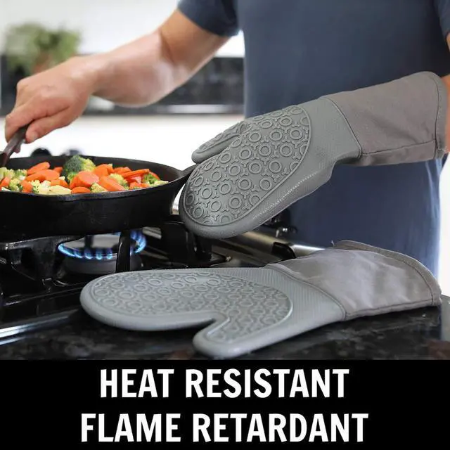 Alt view image 3 of 6 - BPA-Free Soft Silicone 4 Piece Oven Mitts & Trivets Set - Ultra Heat Resistant Oven Mitts with Thick Cotton Liner - Long Slip Resistant Pot Holders, Flexible Oven Gloves - Navy