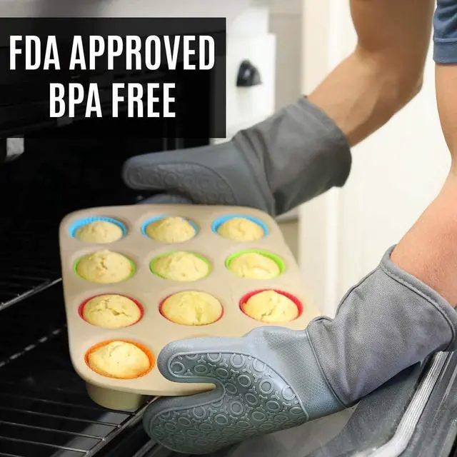 Alt view image 4 of 6 - BPA-Free Soft Silicone 4 Piece Oven Mitts & Trivets Set - Ultra Heat Resistant Oven Mitts with Thick Cotton Liner - Long Slip Resistant Pot Holders, Flexible Oven Gloves - Navy