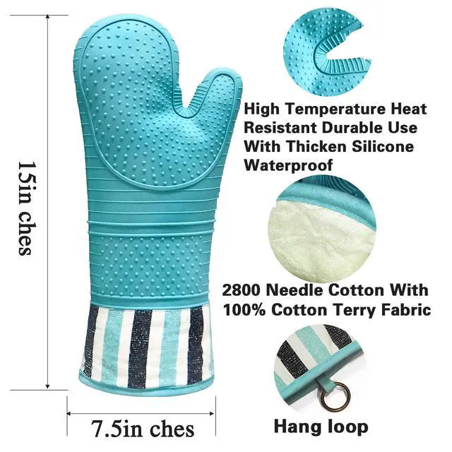 Alt view image 3 of 7 - Heat Resistant 550 Degree Oven mitt, Silicone Oven Hot Mitts - 1 Pair, Extra Long Professional Baking Oven Gloves - Food Safe,Pot Holders Cooking,Grilling,Kitchen (Blue Mittens)