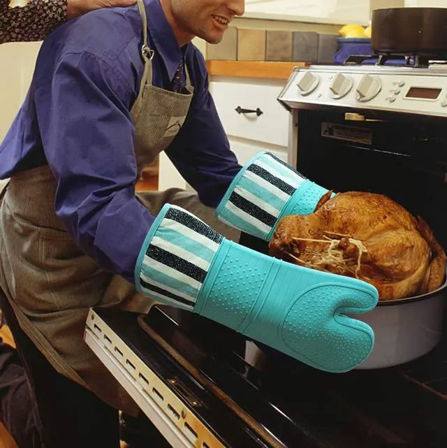 Alt view image 6 of 7 - Heat Resistant 550 Degree Oven mitt, Silicone Oven Hot Mitts - 1 Pair, Extra Long Professional Baking Oven Gloves - Food Safe,Pot Holders Cooking,Grilling,Kitchen (Blue Mittens)