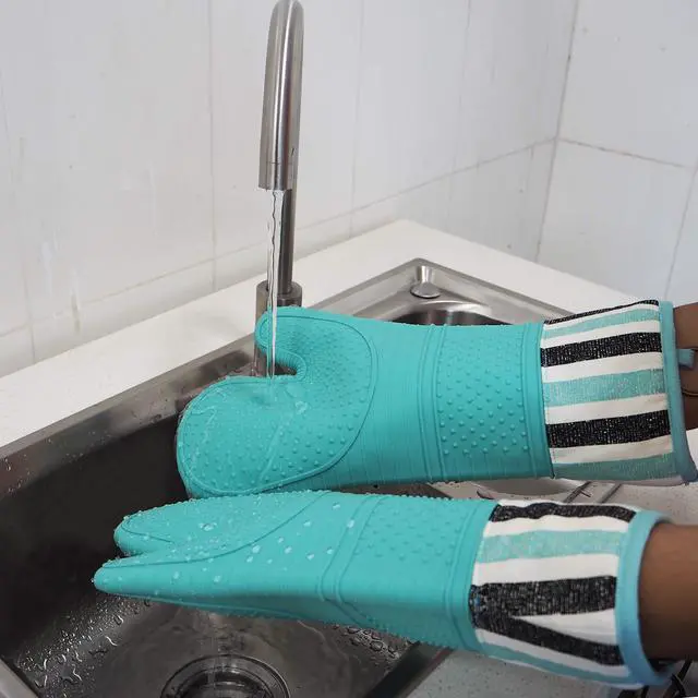 Alt view image 5 of 7 - Heat Resistant 550 Degree Oven mitt, Silicone Oven Hot Mitts - 1 Pair, Extra Long Professional Baking Oven Gloves - Food Safe,Pot Holders Cooking,Grilling,Kitchen (Blue Mittens)