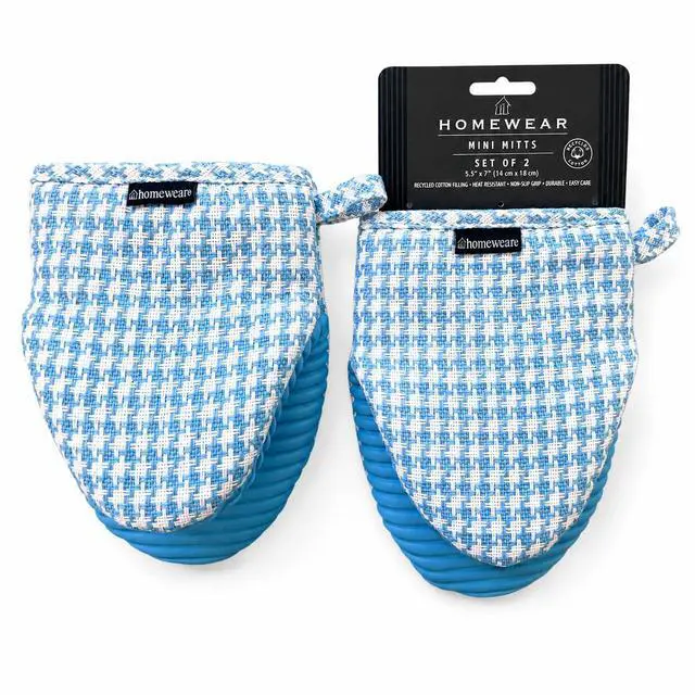 Main image of Houndstooth 2-Pack Silicone Mini Oven Mitts, Heat Resistant Pot Holders for Kitchen, Non-Slip Oven Mitt Set, Quilted Hot Pads for Cooking & Baking, Sky Blue, 5.5 x 7 Inch, Everyday