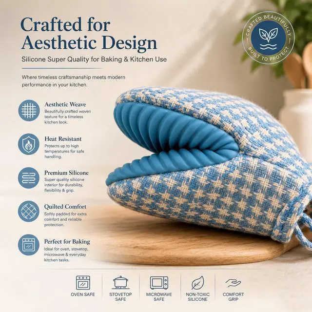 Alt view image 2 of 6 - Houndstooth 2-Pack Silicone Mini Oven Mitts, Heat Resistant Pot Holders for Kitchen, Non-Slip Oven Mitt Set, Quilted Hot Pads for Cooking & Baking, Sky Blue, 5.5 x 7 Inch, Everyday